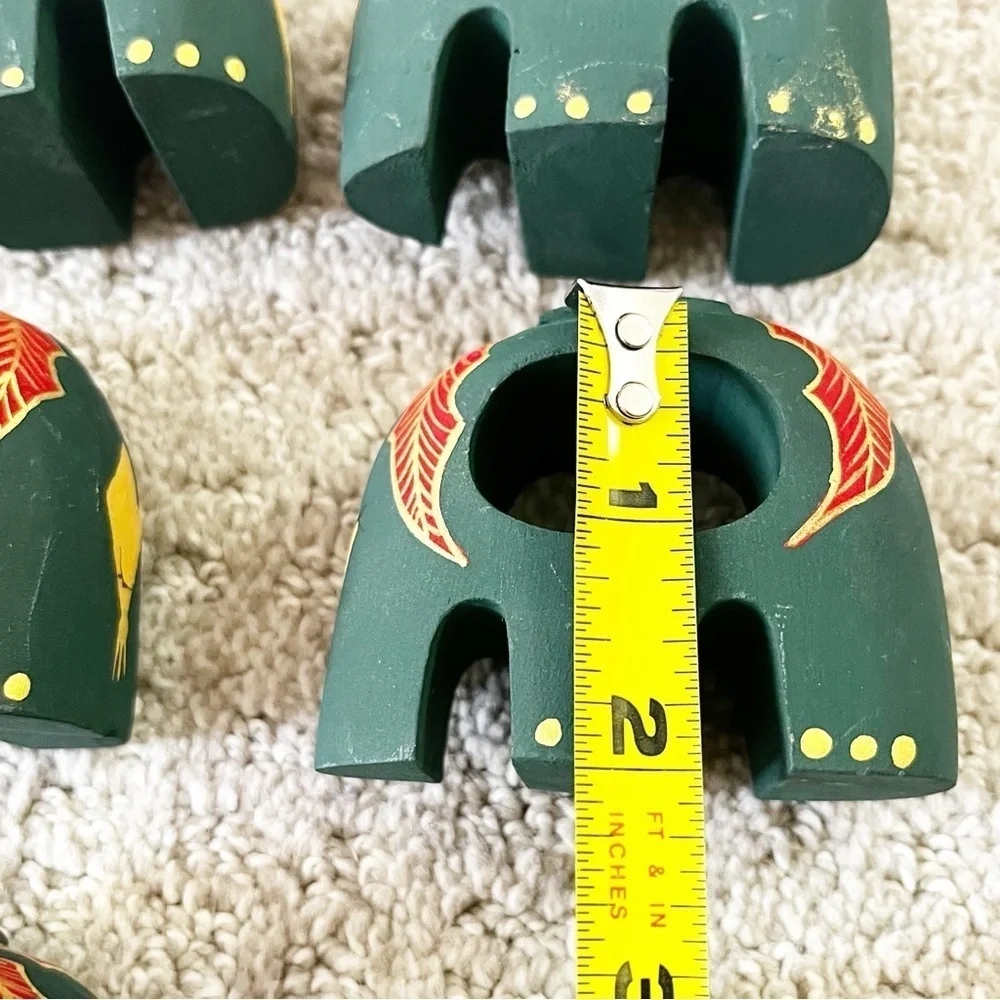 Green Elephant Wooden Napkin Rings Hand Painted Red Gold Holly Christmas 6x READ